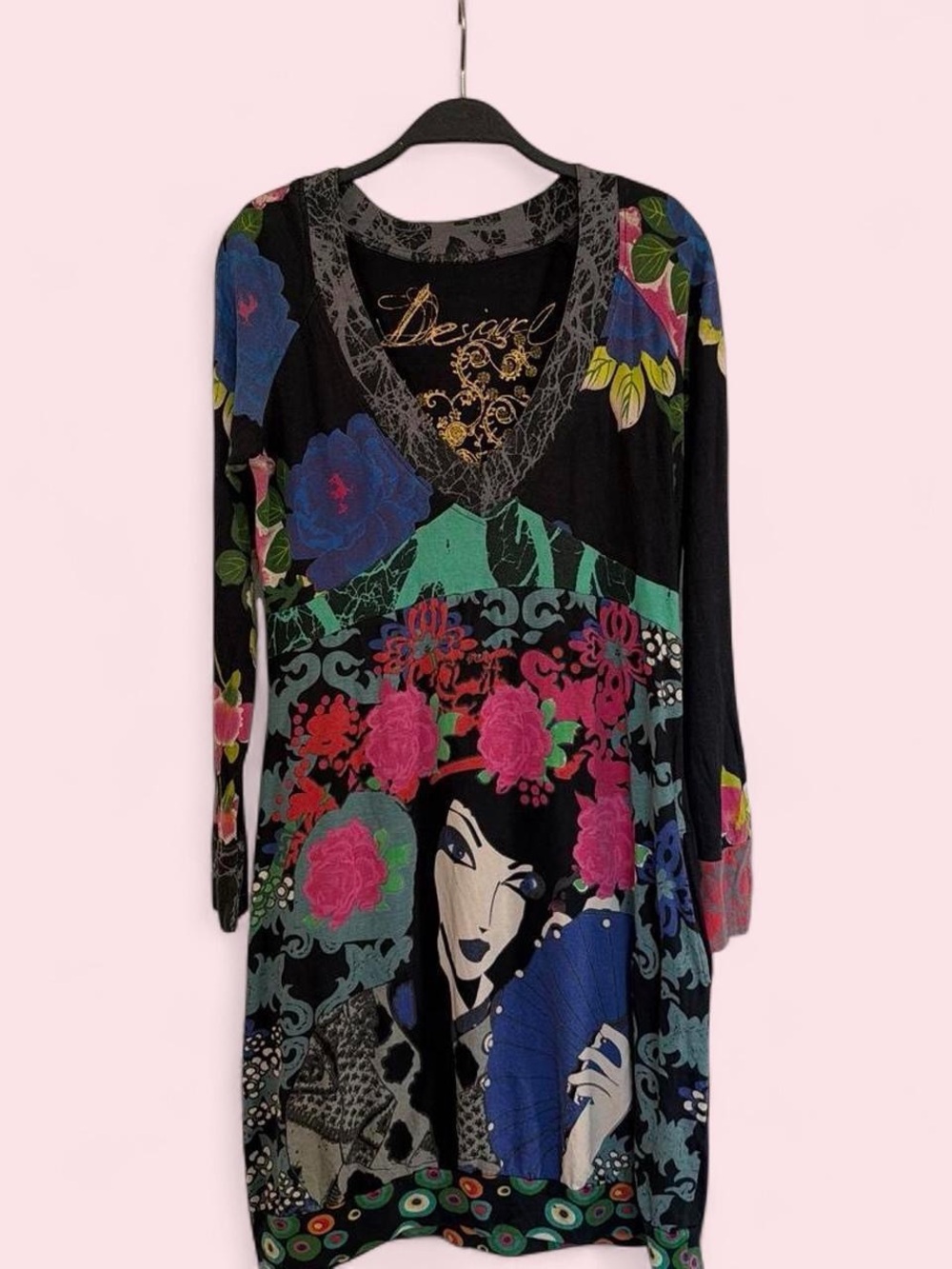 Desigual Black Multicolor Floral Geisha Portrait Long Sleeve Dress